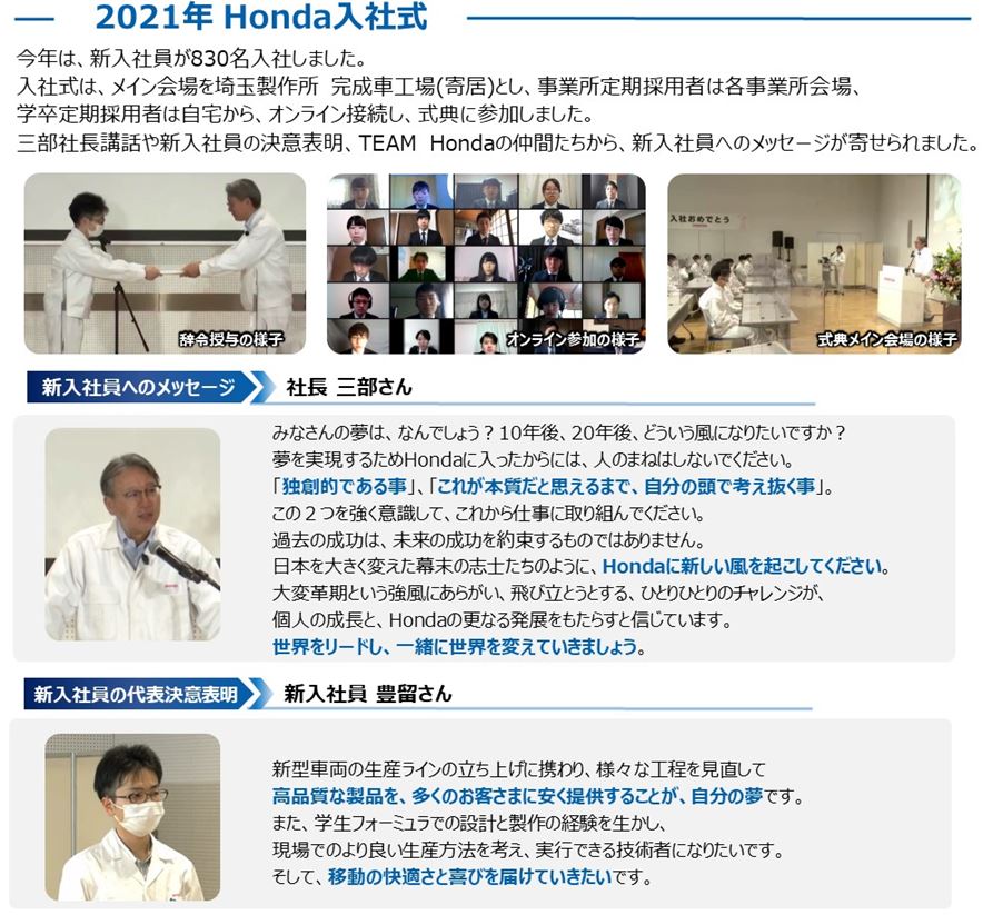 【卒業生の活躍】Ｈｏｎｄａ入社式での決意表明（4月1日）