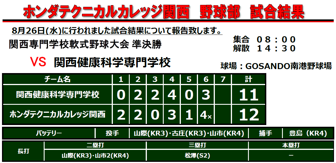 【部同好会】関西専門学校軟式野球大会の準決勝結果！（8月26日）